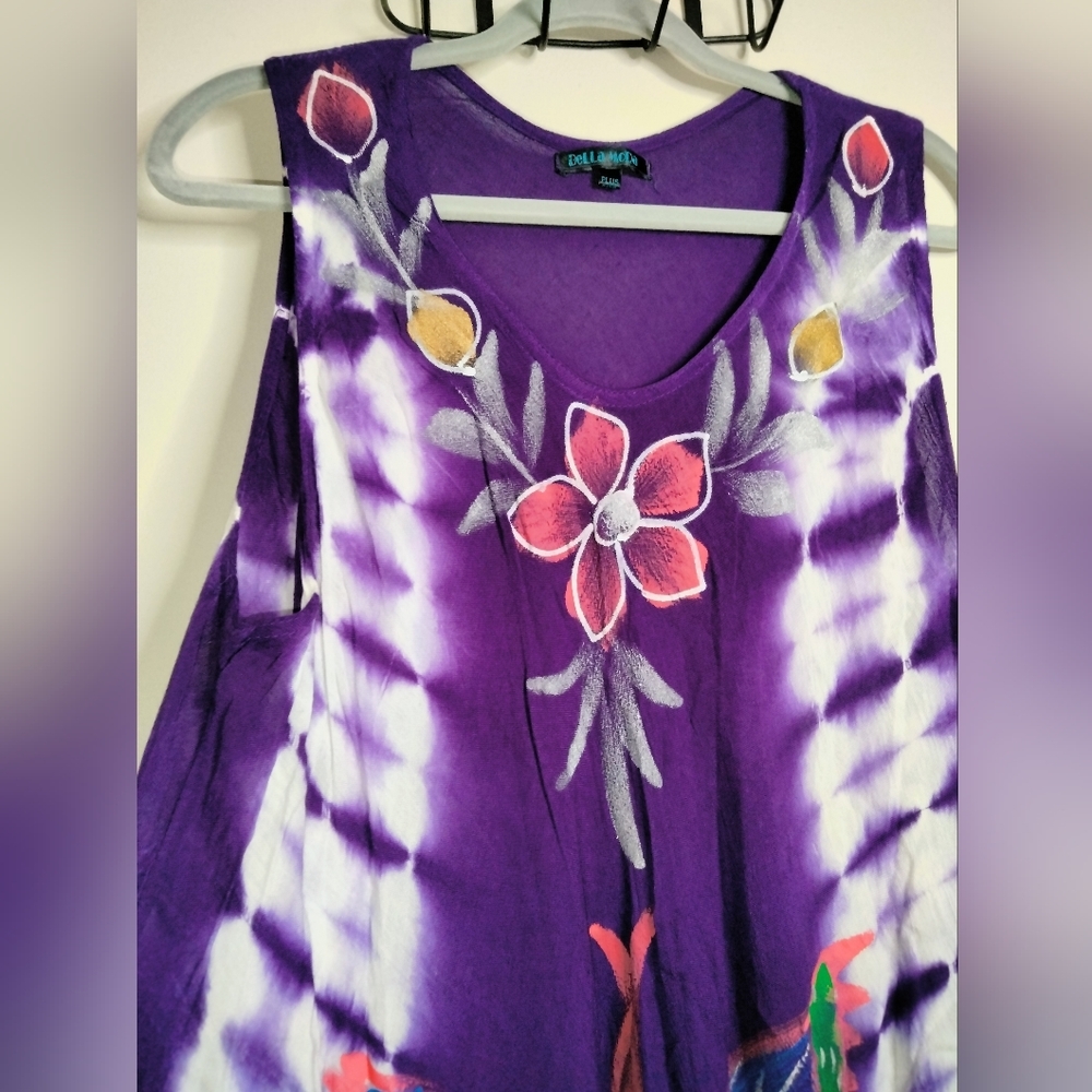 Bella Moda (Plus Size) Multicolored Tie Dye Butterfly & Floral Print Tank Dress - Picture 4 of 7